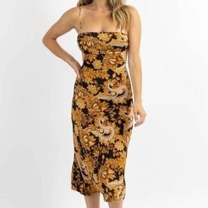 Dee Elly Midi Floral Dress Black Gold Size Medium‎